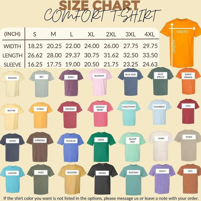 以下が含まれることがあります： 快適Tシャツのサイズチャート。Sから4XLまでのサイズで、幅、丈、袖丈をインチで表示しています。バナナ、ベリー、ブルー・ジーンなどのカラーパレットも含まれています。下部のテキストには「ご希望のシャツの色がオプションにない場合は、メッセージを送るか、ご注文時にメモを残してください」と書かれています。