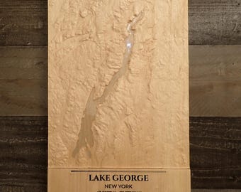 Lake George 3D Topographic Wood Map, CNC Carved Hardwood Relief Art, Adirondack Cabin Decor
