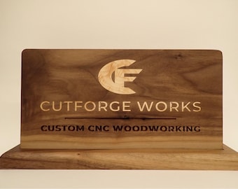Custom Business Logo Desk Sign, Walnut & Maple Inlay Reception Sign, Personalized Office Sign