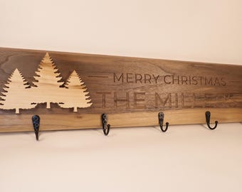 Personalized Christmas Stocking Holder, Walnut & Maple Family Name Sign, 5 Hook Christmas Wall Decor