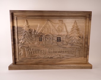Lighted Christmas Sign: Solid Walnut 3D CNC Carved Cabin Scene
