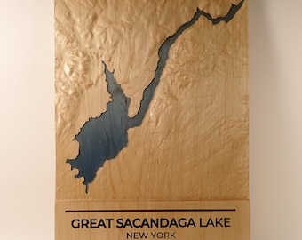 Great Sacandaga Lake 3D Wood Map, Carved Maple Topographic Relief, New York Lake House Wall Art, Adirondack Cabin Decor