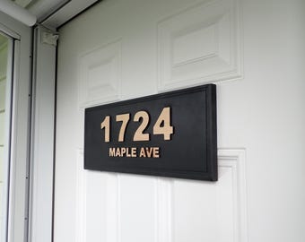 Modern Maple Wood Address Sign | Raised House Numbers & Street Name | Personalized Black Address Plaque | 18x7