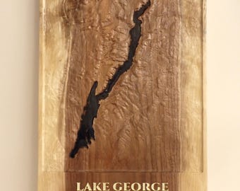Lake George 3D Topographic Map, Walnut Wood Lake Map with Epoxy Water, Adirondack Wall Art, New York Lake House Decor