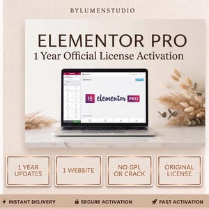 May include: A laptop displaying the Elementor Pro dashboard. The image includes the text "ELEMENTOR PRO 1 Year Official License Activation." Additional text includes "1 Year Updates," "1 Website," "No GPL or Crack," and "Original License."