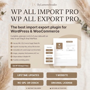 May include: A promotional image for WP All Import Pro and WP All Export Pro plugins. The image features text and a mock-up of a website interface. The text highlights features like drag and drop interface, compatibility with various file types, and lifetime updates.