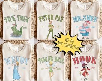 Retro Peter Pan Shirt, Matching Disneyland Shirts, Group Disneyland Shirts, Wendy Captain Hook Mr. Smee Tick-Tock Tinker Bell Nana