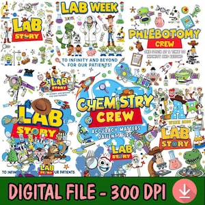 May include: A vibrant digital file with cartoon characters and lab-related text. The design includes the words "LAB STORY," "PHLEBOTOMY CREW," and "CHEMISTRY CREW." The file is labelled "DIGITAL FILE - 300 DPI."