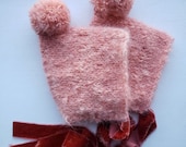 thingy thingz, ready to ship, alpaca, baby bonnet, baby girl hat, velvet, fuzzy hat, newborn props, pixie bonnet, pom pom hat, newborn hat