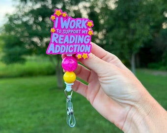 badge reel, custom badge reel, I read to support my reading addiction, pediatrician, teacher gift, yellow badge reel, summer badge reel