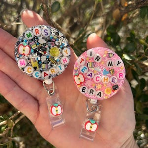teacher, nurse, bade reel, custom badge reel, friendship bracelet, era, nurse era, teacher era, thingy thingz, custom gift, glitter badge