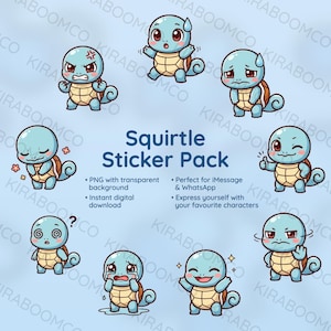 Kawaii Squirtle Reaction Sticker Pack | 9 PNG Digital Stickers | Instant Download