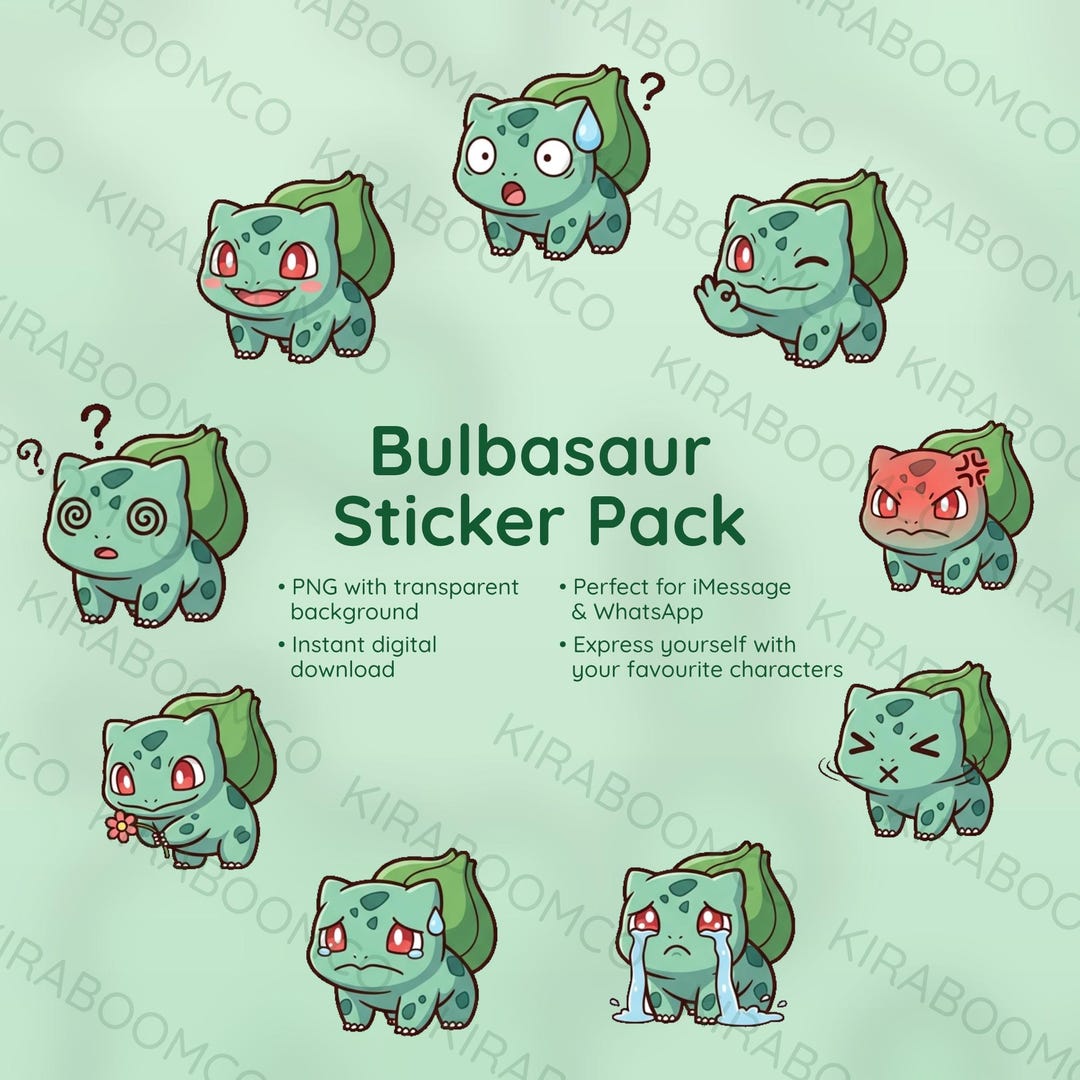 Kawaii Bulbasaur Reaction Sticker Pack | 9 PNG Digital Stickers ...
