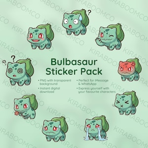 Kawaii Bulbasaur Reaction Sticker Pack | 9 PNG Digital Stickers | Instant Download