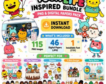 TocaBoca Inspired PNG Bundle, Digital Papers Pack, Birthday Clipart, Party Decorations, Cake Topper, T-Shirt Design, Stickers, Instant