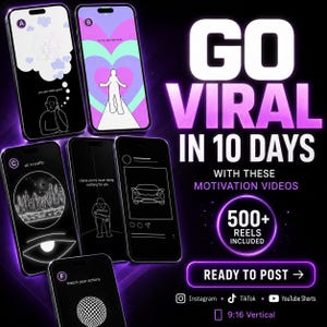 Puede incluir: Un gráfico de marketing digital con seis teléfonos inteligentes que muestran varias animaciones de arte lineal en blanco y negro o a color. El texto dice GO VIRAL IN 10 DAYS WITH THESE MOTIVATION VIDEOS, 500+ REELS INCLUDED y READY TO POST, con iconos de Instagram, TikTok y YouTube.