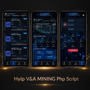 May include: Three smartphones displaying the V&A Mining platform interface with a dark blue and black color scheme. The screens show various investment plans, mining overview statistics, account balances, and navigation menus for the software.