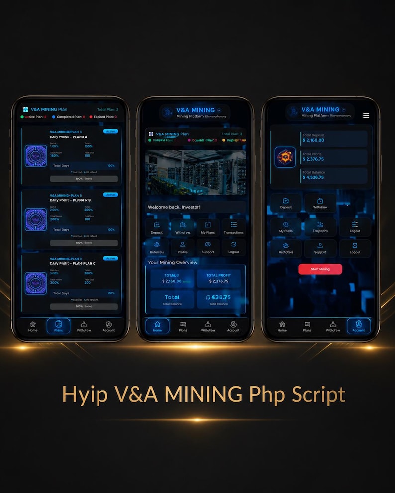 May include: Three smartphones displaying the V&A Mining platform interface with a dark blue and black color scheme. The screens show various investment plans, mining overview statistics, account balances, and navigation menus for the software.