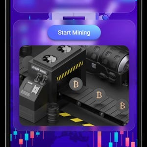 K&ouml;nnte beinhalten: Eine mobile App-Oberfl&auml;che mit einem lila und blauen Farbverlauf im Hintergrund. Die App zeigt einen aktuellen Kontostand von 0,00 $ an und verf&uuml;gt &uuml;ber eine Schaltfl&auml;che "Mining starten". Bitcoin-Mining-Grafiken und -Symbole sind ebenfalls sichtbar.