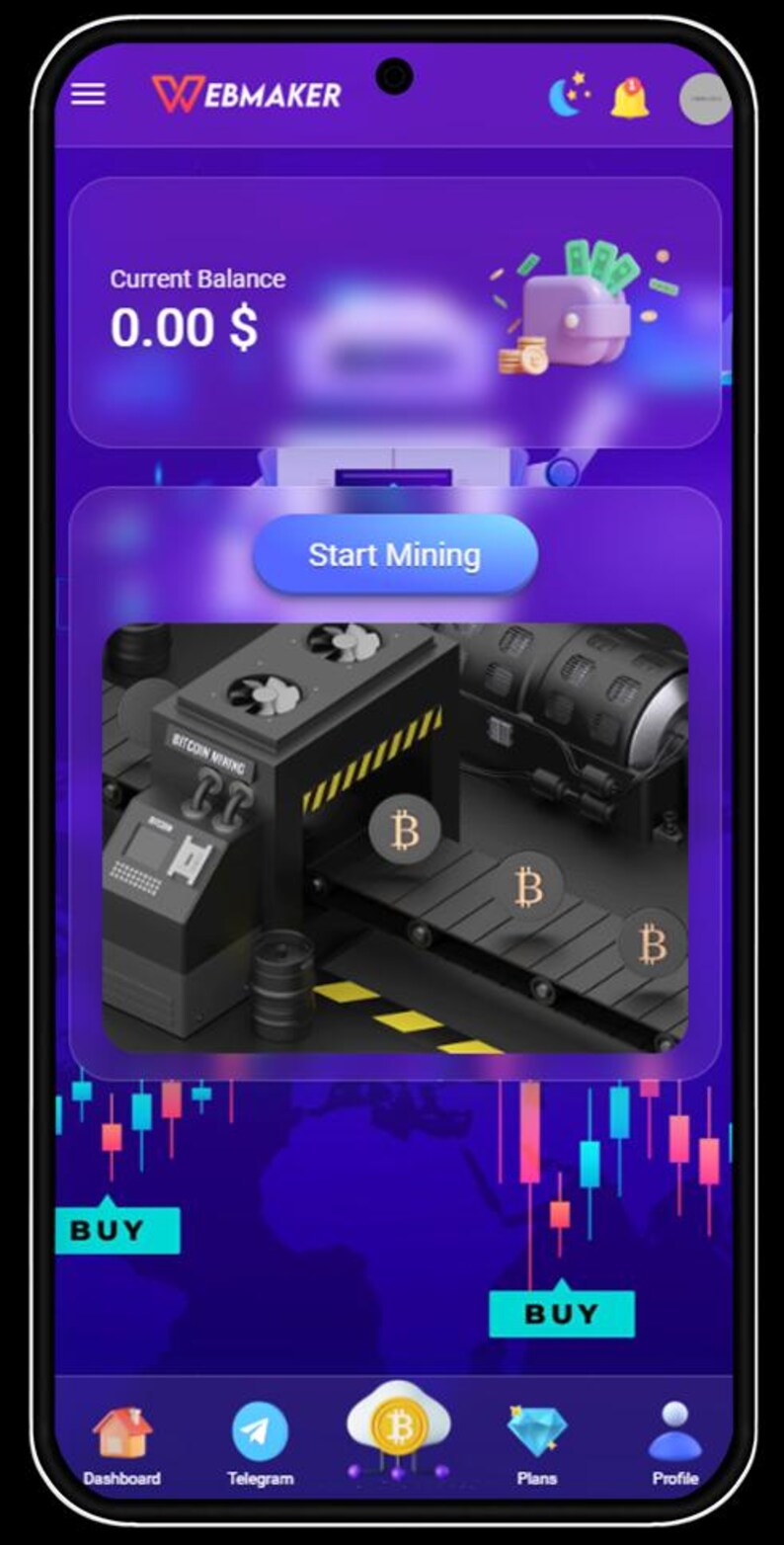 K&ouml;nnte beinhalten: Eine mobile App-Oberfl&auml;che mit einem lila und blauen Farbverlauf im Hintergrund. Die App zeigt einen aktuellen Kontostand von 0,00 $ an und verf&uuml;gt &uuml;ber eine Schaltfl&auml;che "Mining starten". Bitcoin-Mining-Grafiken und -Symbole sind ebenfalls sichtbar.