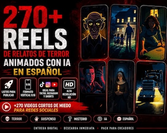 Plus de 270 courts métrages d'animation IA d'horreur en espagnol (9 min 16 s) avec voix off et sous-titres pour TikTok, Instagram Shorts et YouTube.