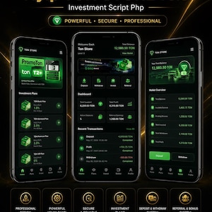 May include: Three smartphones displaying the Hyip TON STORE v3.5 investment script interface with a dark theme, green accents, and text including Investment Plans, Dashboard, and Wallet Overview, set against a black background with gold light streaks.