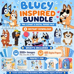 Puede incluir: Un paquete digital con personajes inspirados en Bluey, incluyendo a Bluey y Bingo, con el texto Bluey Inspired Bundle, PNG Clipart & Digital Papers Pack, Instant Download, What's Included, 200+ Images, 68 Digital Papers y Perfect For.