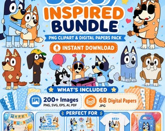青い犬をモチーフにしたPNGバンドル、漫画の子犬のクリップアート、誕生日パーティー用デジタルペーパー、ケーキトッパー、ステッカー、Tシャツデザイン、即時ダウンロード
