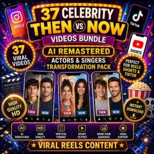 Puede incluir: Gráfico promocional para un paquete de videos con 37 transformaciones de celebridades. Muestra teléfonos con imágenes "Then vs Now" de actores y cantantes. El texto promociona "Contenido Viral Reels" y "Descarga Instantánea".