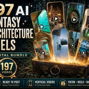 May include: A digital bundle of 197 AI fantasy architecture reels featuring vertical videos with a 9:16 ratio. The text reads 197 AI FANTASY ARCHITECTURE REELS DIGITAL BUNDLE, 197 VIDEOS, READY TO POST, VERTICAL VIDEOS, and TIKTOK REELS SHORTS.