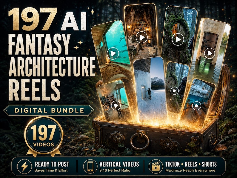 May include: A digital bundle of 197 AI fantasy architecture reels featuring vertical videos with a 9:16 ratio. The text reads 197 AI FANTASY ARCHITECTURE REELS DIGITAL BUNDLE, 197 VIDEOS, READY TO POST, VERTICAL VIDEOS, and TIKTOK REELS SHORTS.