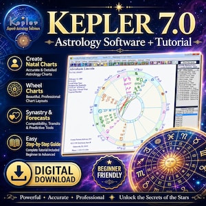 Puede incluir: Imagen promocional del software de astrología Kepler 7.0. La imagen presenta el nombre del software, una captura de pantalla de una carta natal y destaca funciones como cartas natales, sinastría y una guía paso a paso para principiantes. Descarga digital disponible.