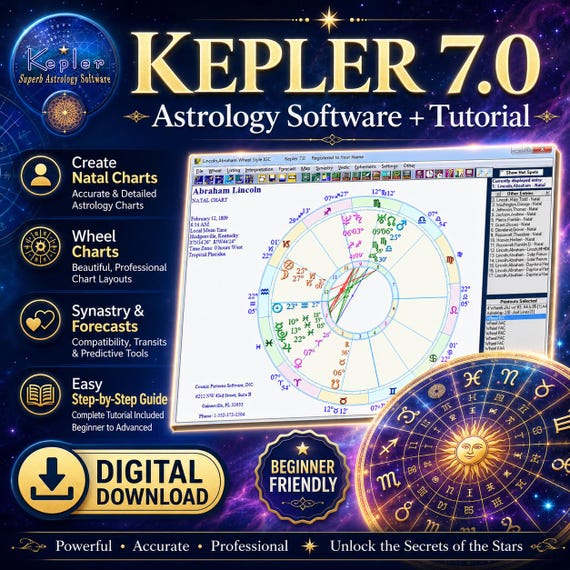 Kepler 7.0 Astrology Software + Tutorial, Natal Chart Maker, Astrology Wheel Charts, Synastry Forecast Tool, Digital Download Guide