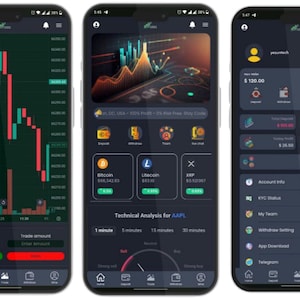 May include: Three smartphones displaying a financial trading app interface. The screens show stock charts, cryptocurrency information, and account details. The app has a dark theme with green and red indicators.