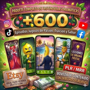 Puede incluir: Un gráfico digital promocionando un producto con el texto "PAQUETE COMPLETO DE FRUTINOVELAS DRAMÁTICAS +600 Episodios Jugosos de Pasión, Traición y Sabor". La imagen incluye personajes de frutas estilizados en smartphones, el logo de Etsy y billetes de euros.