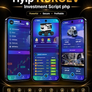 May include: Three smartphones display the Hyip NUROEV Investment Script php interface with dark blue and purple gradients. The screens show user dashboards, deposit overviews, and investment plans with icons, text, and financial charts.