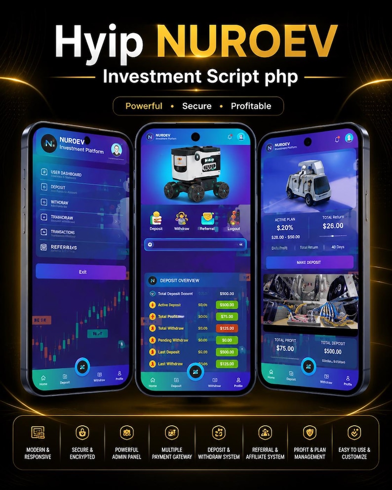 May include: Three smartphones display the Hyip NUROEV Investment Script php interface with dark blue and purple gradients. The screens show user dashboards, deposit overviews, and investment plans with icons, text, and financial charts.