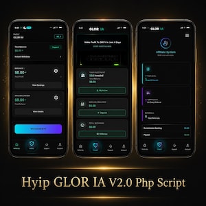 May include: Three smartphones displaying the GLOR IA mobile application interface with a dark theme, featuring financial dashboard screens, investment tracking, and an affiliate system menu, with the text Hyip GLOR IA V2.0 Php Script below.
