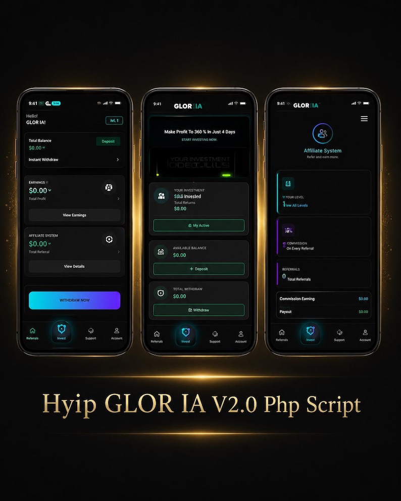 May include: Three smartphones displaying the GLOR IA mobile application interface with a dark theme, featuring financial dashboard screens, investment tracking, and an affiliate system menu, with the text Hyip GLOR IA V2.0 Php Script below.
