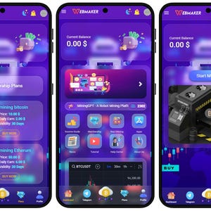 May include: Screenshots of a mobile app interface with a purple and blue theme. The app displays options for cryptocurrency mining, including Bitcoin and Ethereum, with a current balance of $0.00. The interface includes buttons and charts.