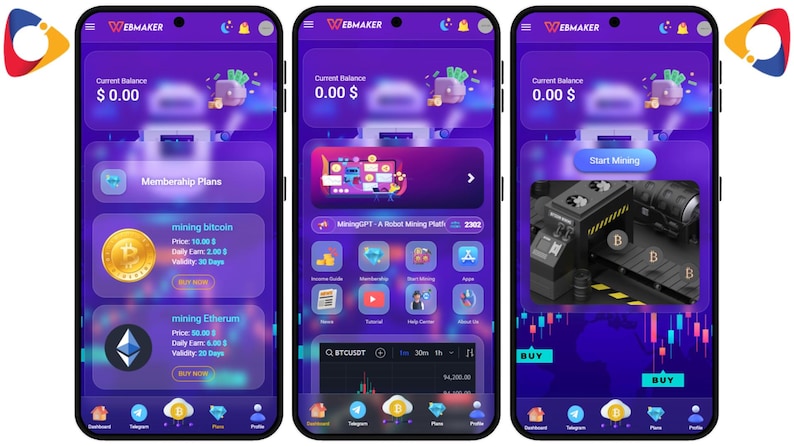 K&ouml;nnte beinhalten: Screenshots einer mobilen App-Oberfl&auml;che mit einem lila und blauen Thema. Die App zeigt Optionen f&uuml;r das Mining von Kryptow&auml;hrungen, einschlie&szlig;lich Bitcoin und Ethereum, mit einem aktuellen Guthaben von 0,00 $. Die Oberfl&auml;che enth&auml;lt Schaltfl&auml;chen und Diagramme.