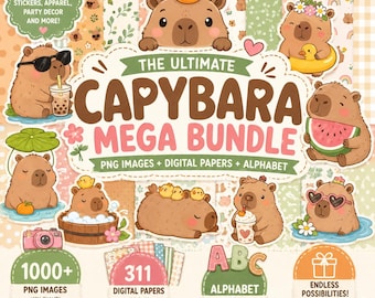 カピバラPNGクリップアートバンドル、かわいいカピバラデジタルペーパー、1000以上の画像、アルファベットPNG、誕生日パーティーデコレーション