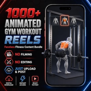 Könnte beinhalten: Werbebild für ein Fitness-Content-Bundle. Der Text lautet "1000+ ANIMATED GYM WORKOUT REELS" mit "Faceless Fitness Content Bundle". Das Bild zeigt eine 3D-Darstellung einer Person beim Gewichtheben und Symbole für "NO FILMING", "NO EDITING" und "JUST UPLOAD & POST".