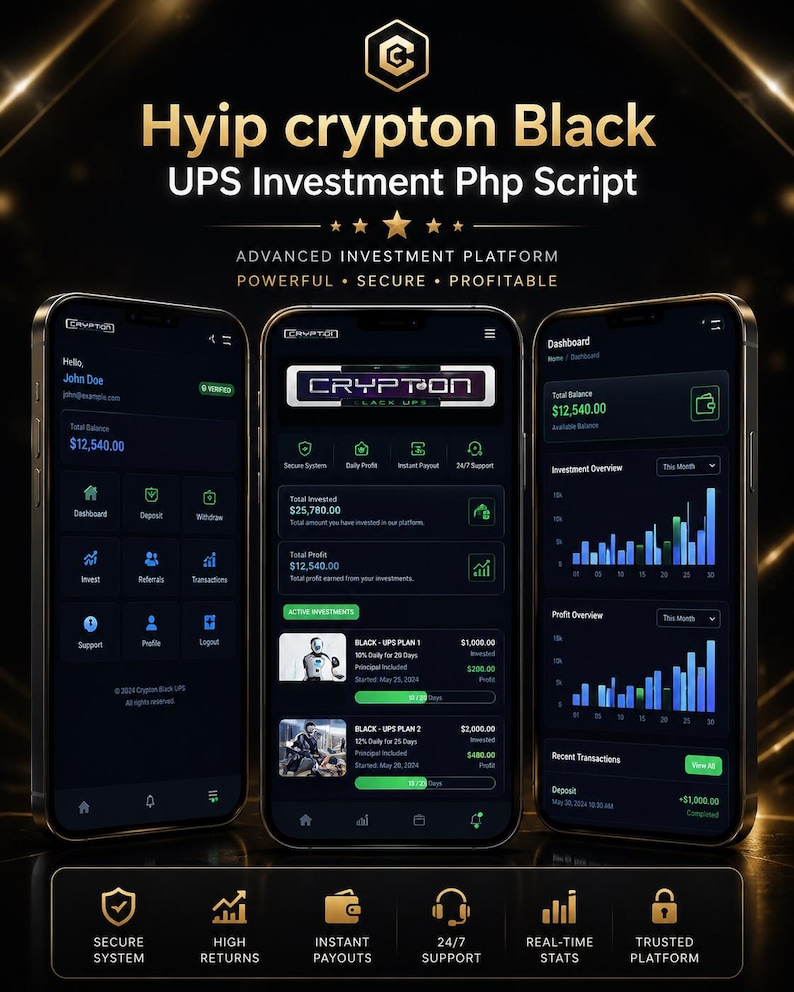 May include: Three smartphones displaying the Hyip Crypton Black UPS Investment Php Script interface. The screens show a dark-themed dashboard with financial data, investment plans, and transaction charts against a black and gold background.