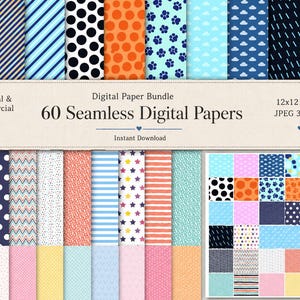 60 Seamless Digital Papers, 12x12 Scrapbook Paper Bundle, JPEG 300 DPI, Printable Patterns, Instant Download, Commercial Use, Journaling Kit