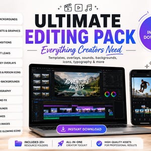 Puede incluir: Un paquete de edición Ultimate Editing Pack para creadores digitales con un portátil y un smartphone que muestran software de edición de vídeo. El gráfico incluye una lista de recursos como fondos de IA, preajustes, transiciones y efectos de sonido.