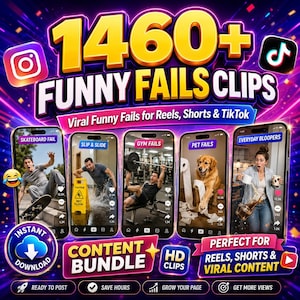 Puede incluir: Un paquete de contenido digital con más de 1460 clips de fallos divertidos para redes sociales. El gráfico muestra cinco pantallas de smartphone con varios clips de vídeo humorísticos, incluyendo un fallo de skate, un resbalón, fallos en el gimnasio, fallos de mascotas y errores cotidianos, sobre un fondo de neón morado y rosa.