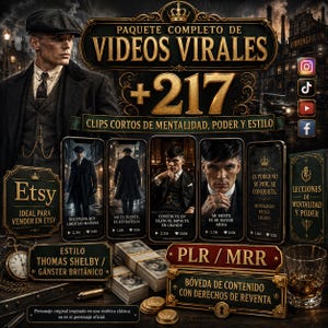 Può includere: Una pubblicità digitale con il testo "Videos Virales" e "+217" in oro. Presenta immagini di un uomo in abito, denaro e un bicchiere di whisky. La pubblicità promuove contenuti per i venditori Etsy.