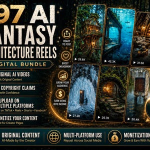 May include: A digital bundle of 197 AI fantasy architecture reels featuring six vertical video previews of treehouses, underwater structures, and rustic interiors. The graphic includes text overlays detailing content features, usage rights, and monetization.