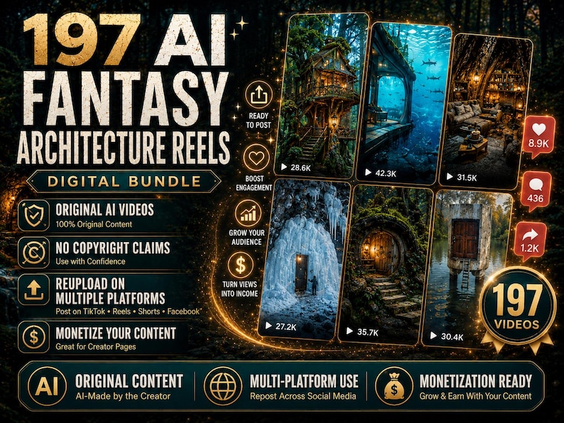 May include: A digital bundle of 197 AI fantasy architecture reels featuring six vertical video previews of treehouses, underwater structures, and rustic interiors. The graphic includes text overlays detailing content features, usage rights, and monetization.